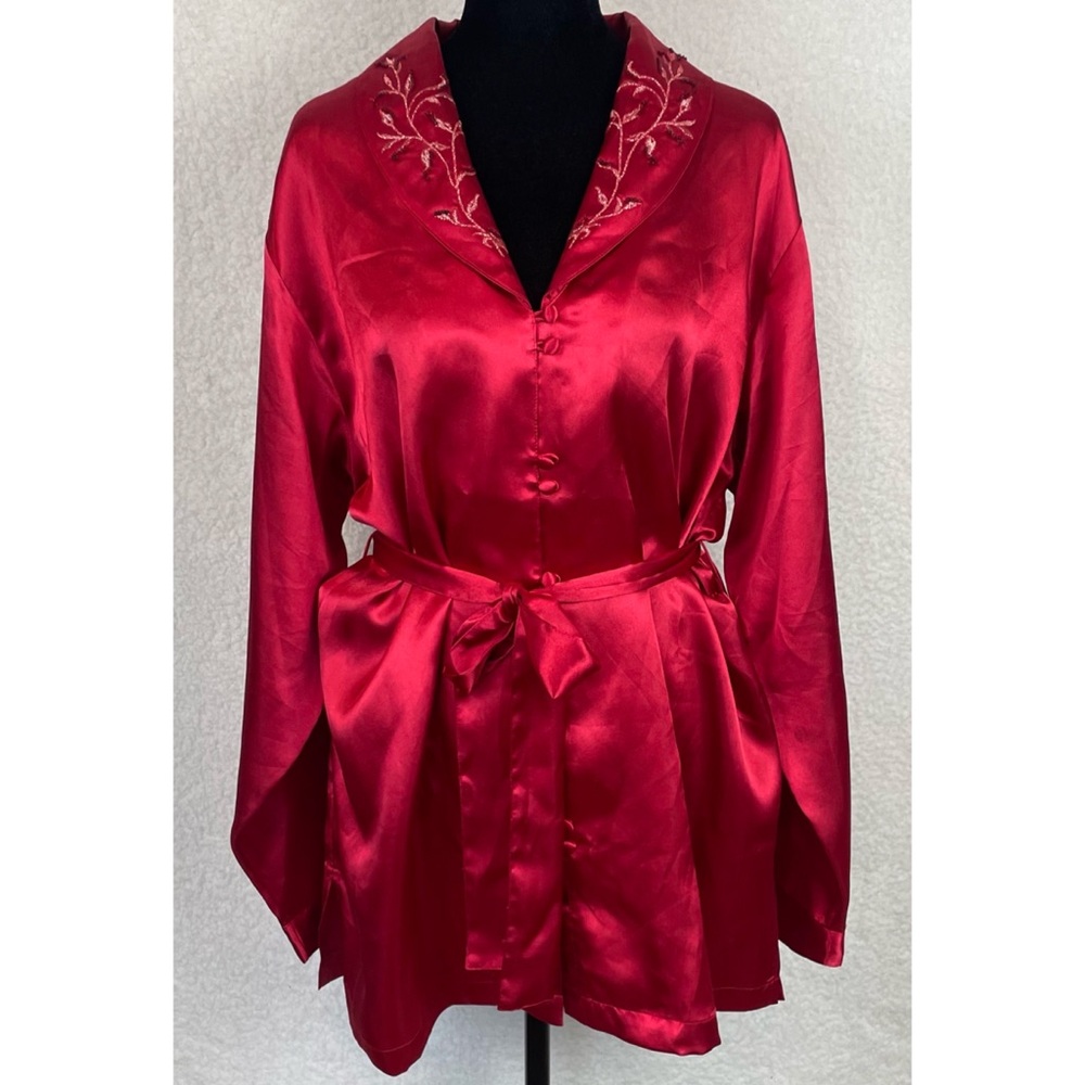 (VTG) PRIVATE LUXURIES • 3-Piece Red Satin Embroidered Pajama Set, L - Picture 11 of 16